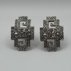 Vintage Intricate Art Deco Greek Key Silver Crystal Earrings Clip On